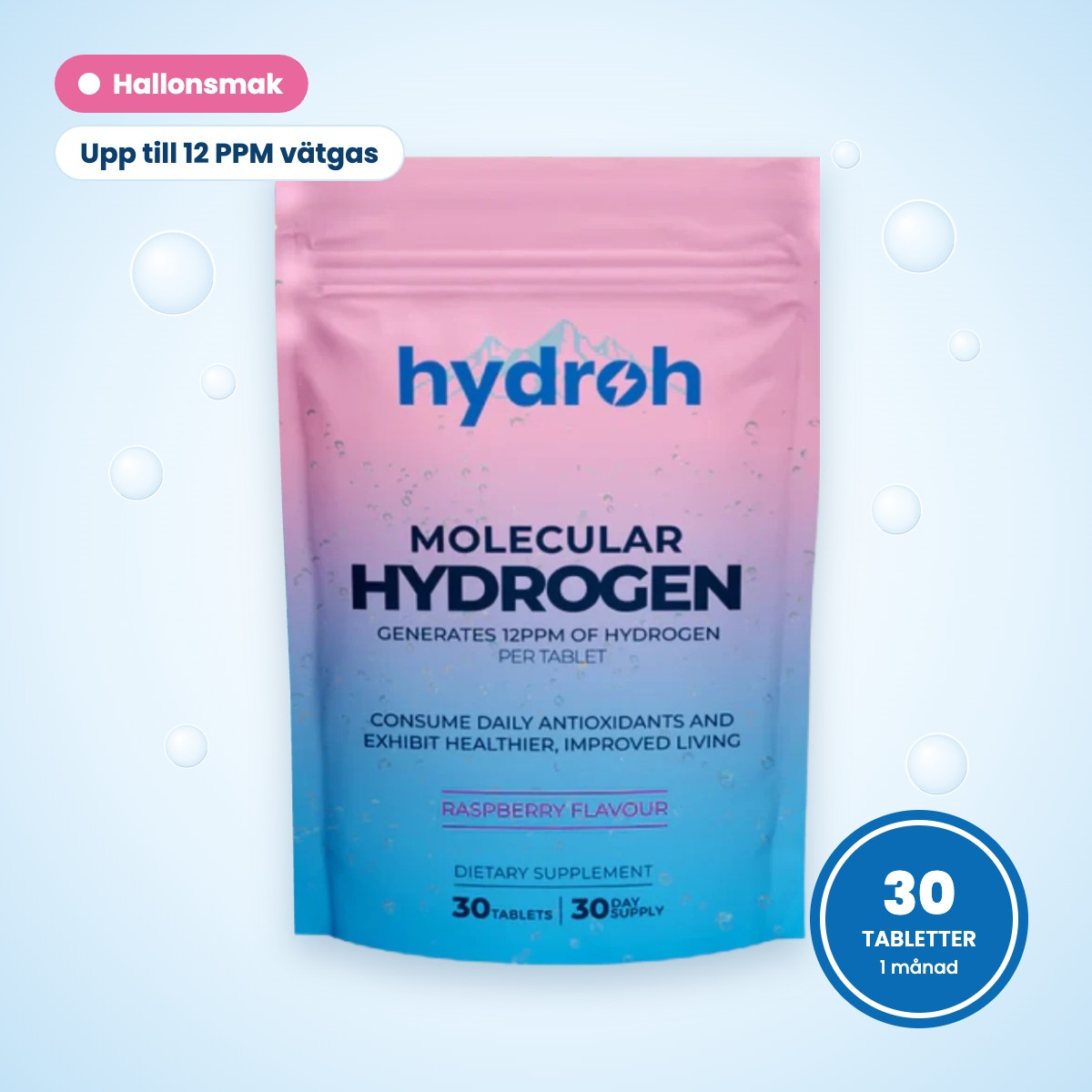 Hydroh vätgastabletter med hallonsmak, påse med 30 tabletter